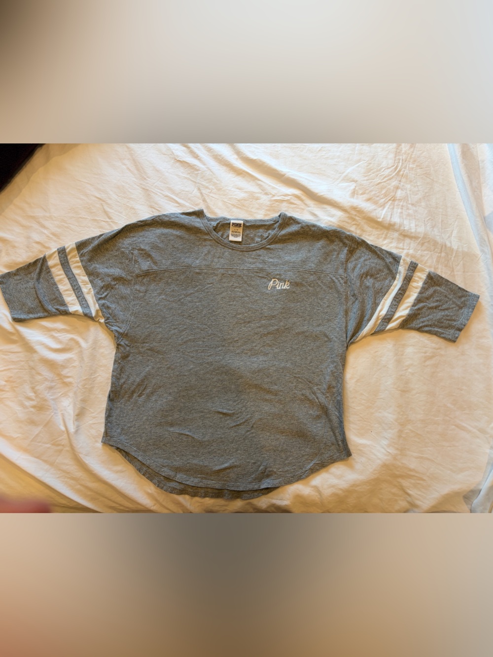 PINK Victoria's Secret Gray Tee with Cream Stripes